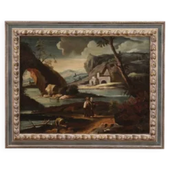 Peinture antique de paysage avec des personnages du XVIIIe siècle