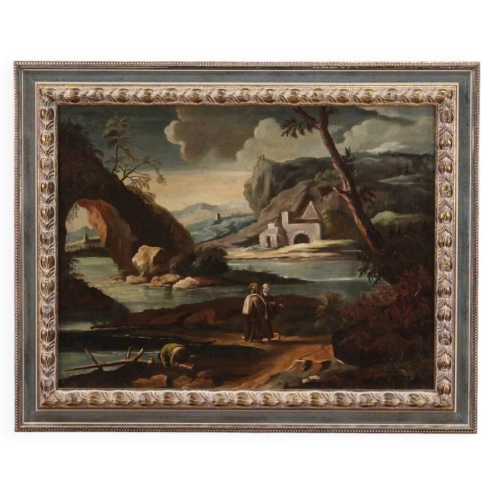 Peinture antique de paysage avec des personnages du XVIIIe siècle