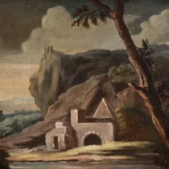 Peinture antique de paysage avec des personnages du XVIIIe siècle