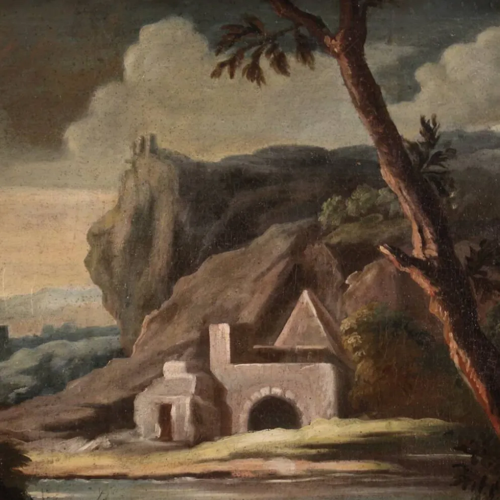 Peinture antique de paysage avec des personnages du XVIIIe siècle