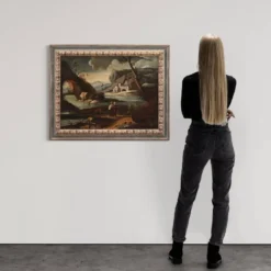 Peinture antique de paysage avec des personnages du XVIIIe siècle