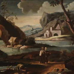 Peinture antique de paysage avec des personnages du XVIIIe siècle