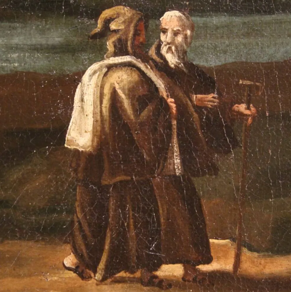 Peinture antique de paysage avec des personnages du XVIIIe siècle