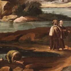 Peinture antique de paysage avec des personnages du XVIIIe siècle