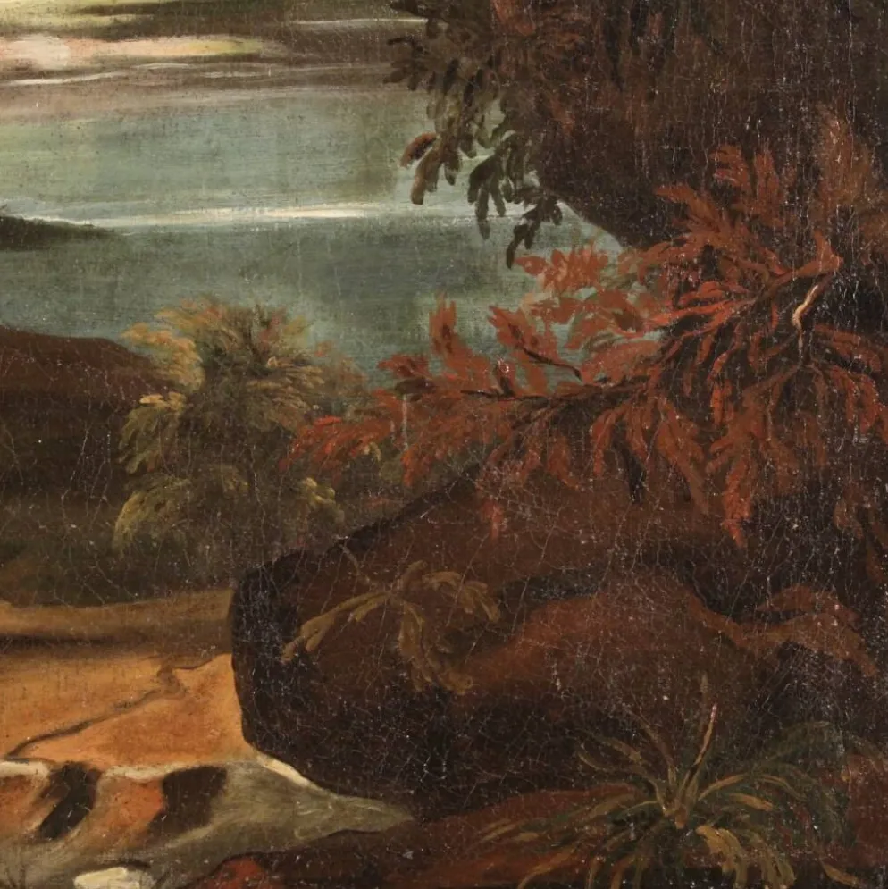 Peinture antique de paysage avec des personnages du XVIIIe siècle