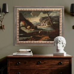 Peinture antique de paysage avec des personnages du XVIIIe siècle