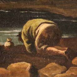 Peinture antique de paysage avec des personnages du XVIIIe siècle