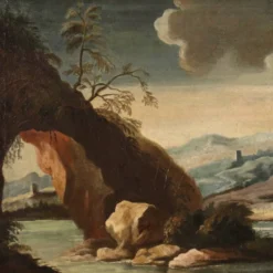 Peinture antique de paysage avec des personnages du XVIIIe siècle