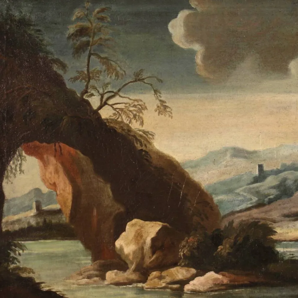 Peinture antique de paysage avec des personnages du XVIIIe siècle