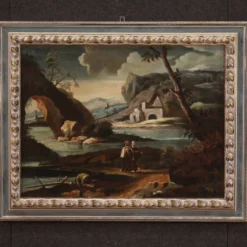 Peinture antique de paysage avec des personnages du XVIIIe siècle