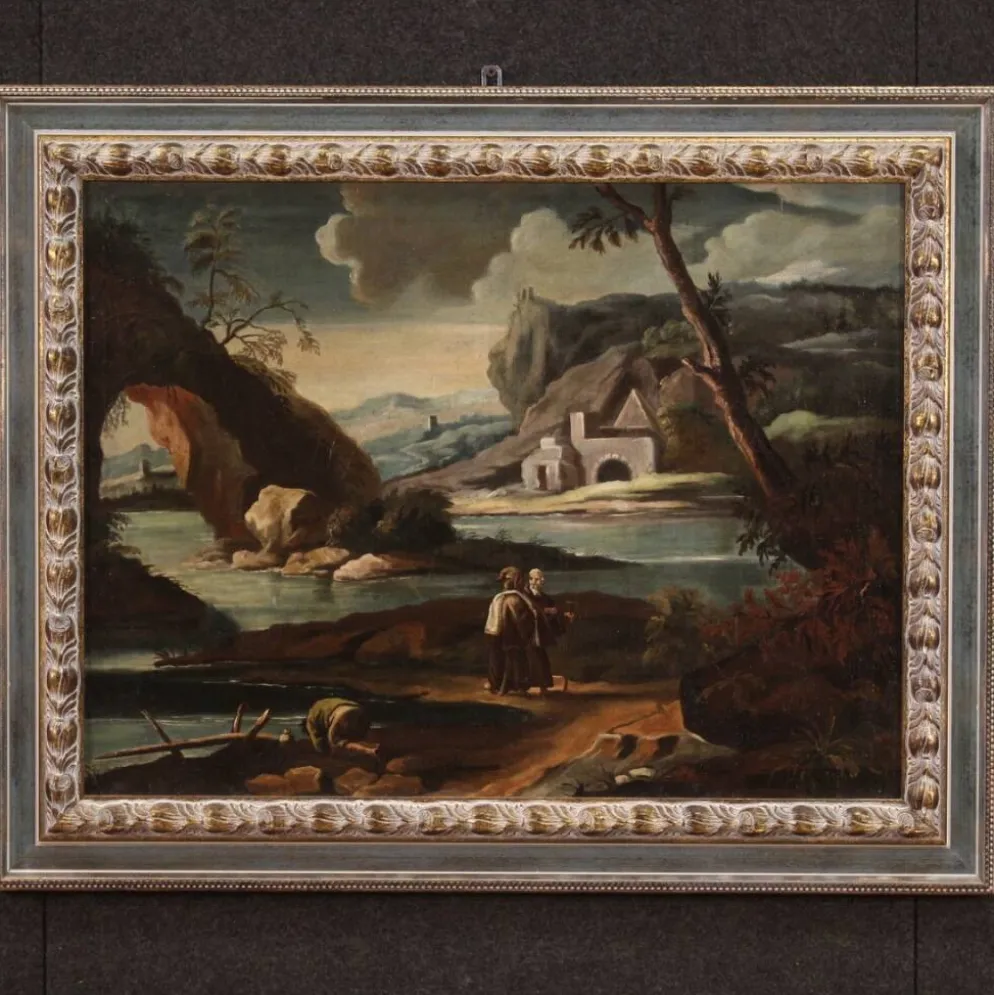 Peinture antique de paysage avec des personnages du XVIIIe siècle