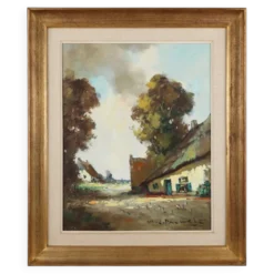 Peinture belge d'une scène de ferme avec cadre en bois doré par Jos Pauwels, 1