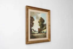 Peinture belge d'une scène de ferme avec cadre en bois doré par Jos Pauwels, 1