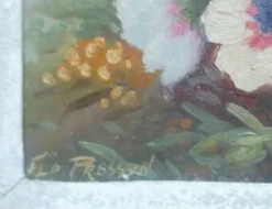 Peinture florale encadrée signée Flo Presson huile sur panneau peintre régi