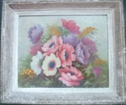 Peinture florale encadrée signée Flo Presson huile sur panneau peintre régi