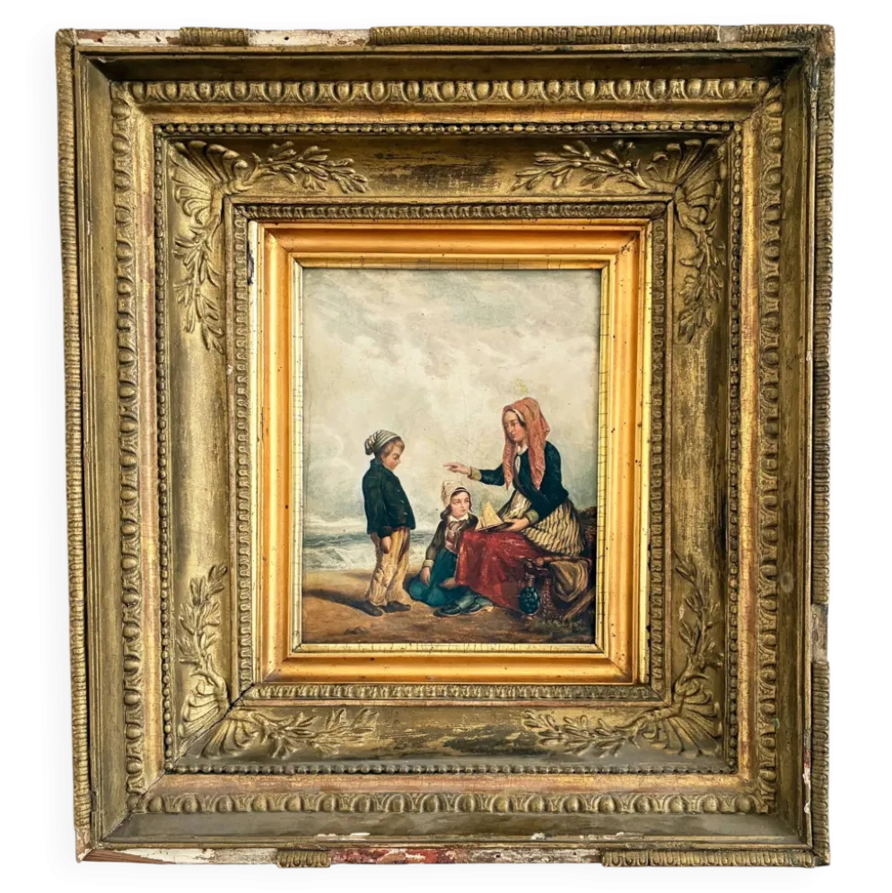 Peinture à l'huile antique de bord de mer, vers 1845