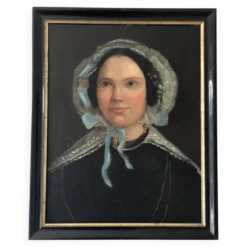 Peinture à l'huile antique vintage d'une dame néerlandaise, 19e siècle