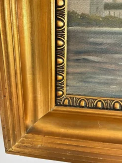 Peinture à l'huile de paysage maritime avec un voilier vintage signé