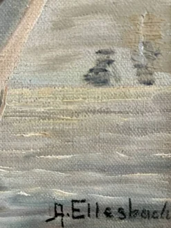 Peinture à l'huile de paysage maritime avec un voilier vintage signé