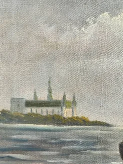 Peinture à l'huile de paysage maritime avec un voilier vintage signé