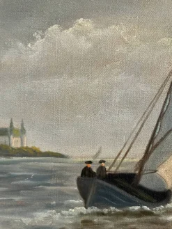 Peinture à l'huile de paysage maritime avec un voilier vintage signé