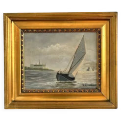 Peinture à l'huile de paysage maritime avec un voilier vintage signé
