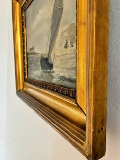 Peinture à l'huile de paysage maritime avec un voilier vintage signé