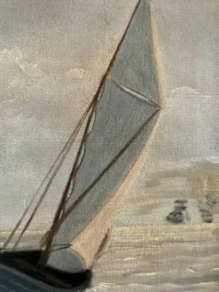 Peinture à l'huile de paysage maritime avec un voilier vintage signé