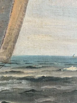 Peinture à l'huile de paysage maritime avec un voilier vintage signé