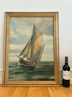 Peinture à l'huile de paysage maritime avec un voilier vintage signé