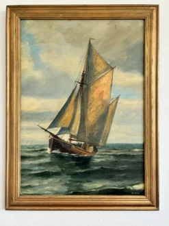 Peinture à l'huile de paysage maritime avec un voilier vintage signé