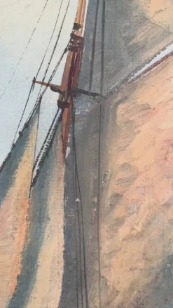 Peinture à l'huile de paysage maritime avec un voilier vintage signé