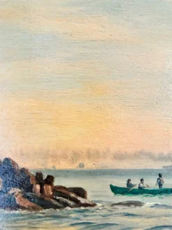 Peinture à l'huile de paysage marin de voilier ancien signé