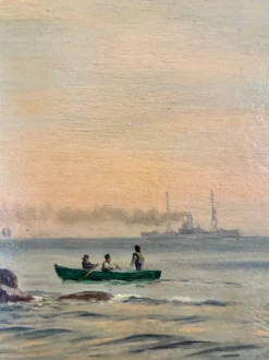 Peinture à l'huile de paysage marin de voilier ancien signé