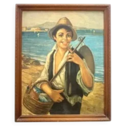 Peinture à l'huile, G. De Curtis, toile signée, jeune pêcheur italien, fin du 20e siècle
