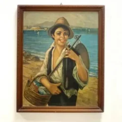 Peinture à l'huile, G. De Curtis, toile signée, jeune pêcheur italien, fin du 20e siècle