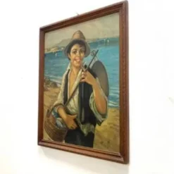 Peinture à l'huile, G. De Curtis, toile signée, jeune pêcheur italien, fin du 20e siècle