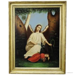 Peinture à l'huile sur toile, ange avec enfant endormi