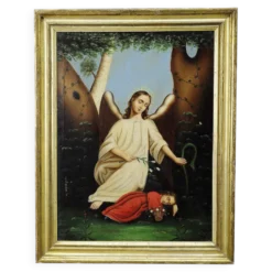 Peinture à l'huile sur toile, ange avec enfant endormi