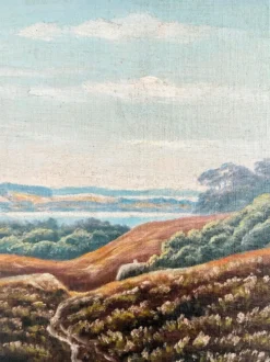 Peinture à l'huile vintage signée de paysage de collines