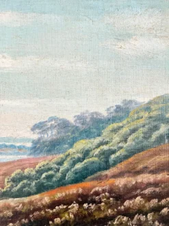 Peinture à l'huile vintage signée de paysage de collines