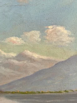 Peinture à l'huile vintage signée de paysage de lac de montagne