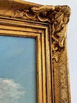 Peinture à l'huile vintage signée de paysage de lac de montagne