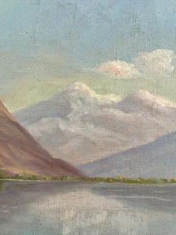 Peinture à l'huile vintage signée de paysage de lac de montagne