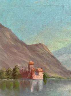 Peinture à l'huile vintage signée de paysage de lac de montagne