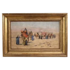 Peinture orientaliste signée A. Rossi et datée de 1893, caravane dans le désert