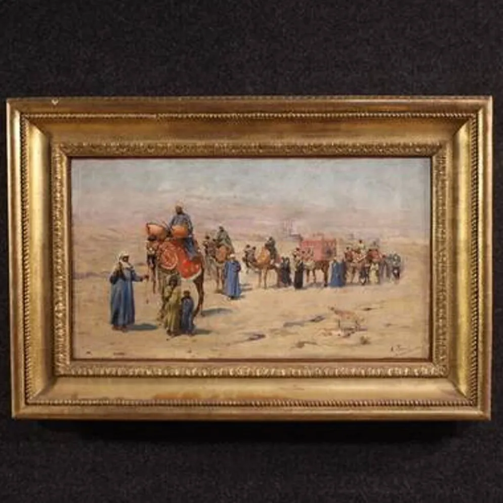 Peinture orientaliste signée A. Rossi et datée de 1893, caravane dans le désert