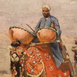 Peinture orientaliste signée A. Rossi et datée de 1893, caravane dans le désert