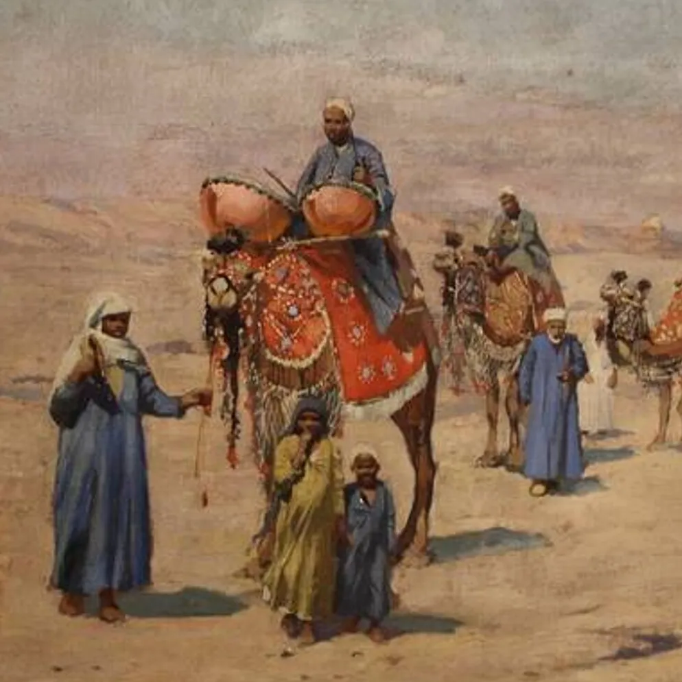 Peinture orientaliste signée A. Rossi et datée de 1893, caravane dans le désert