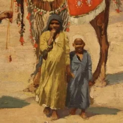 Peinture orientaliste signée A. Rossi et datée de 1893, caravane dans le désert